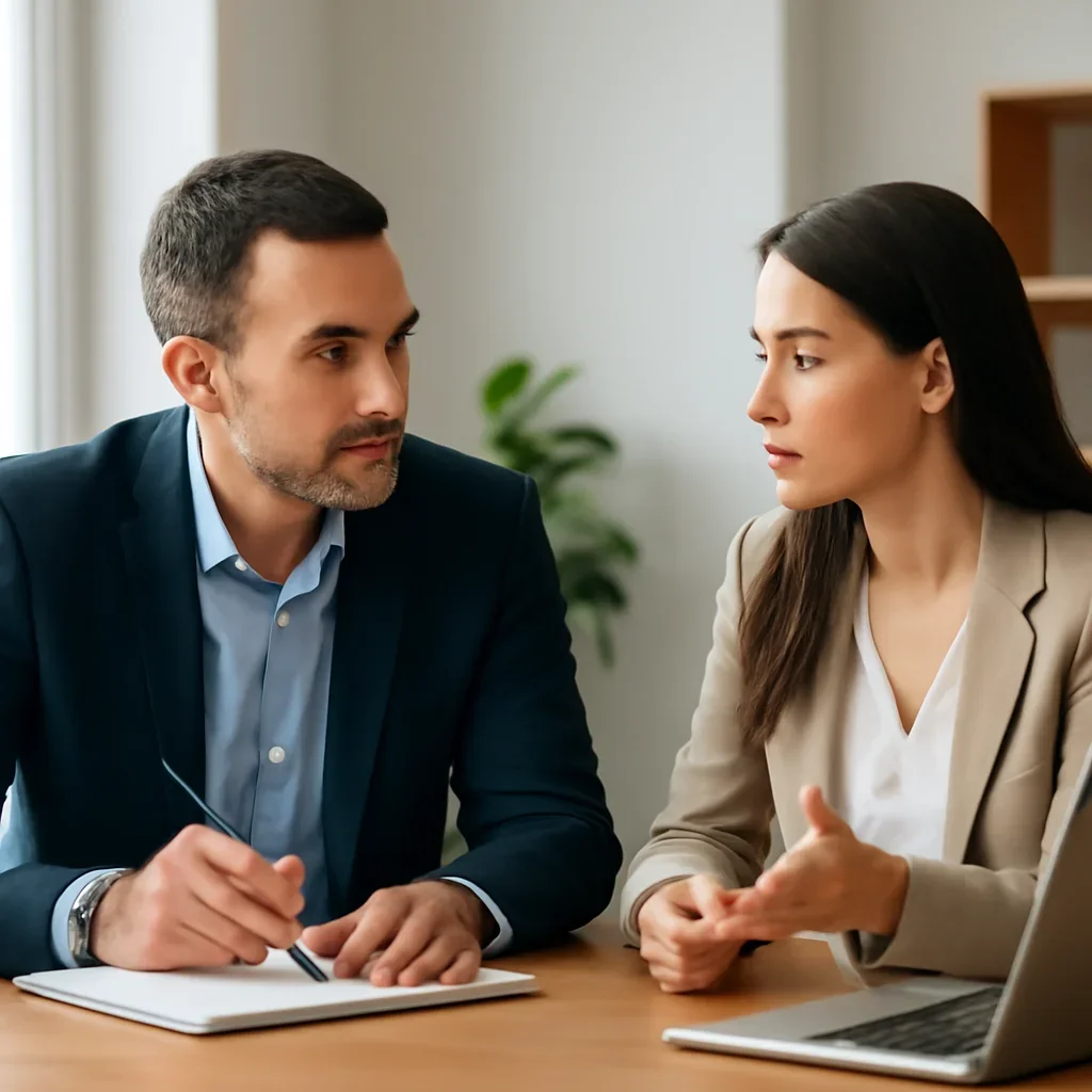 Business owner reviewing next SEO steps with a strategist for ai seo guide