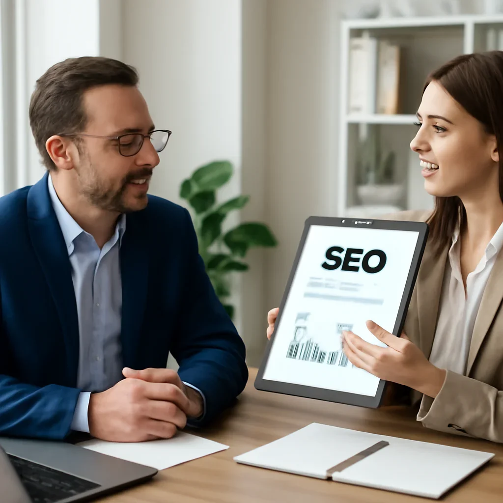 Business owner reviewing next SEO steps with a strategist for ai seo services