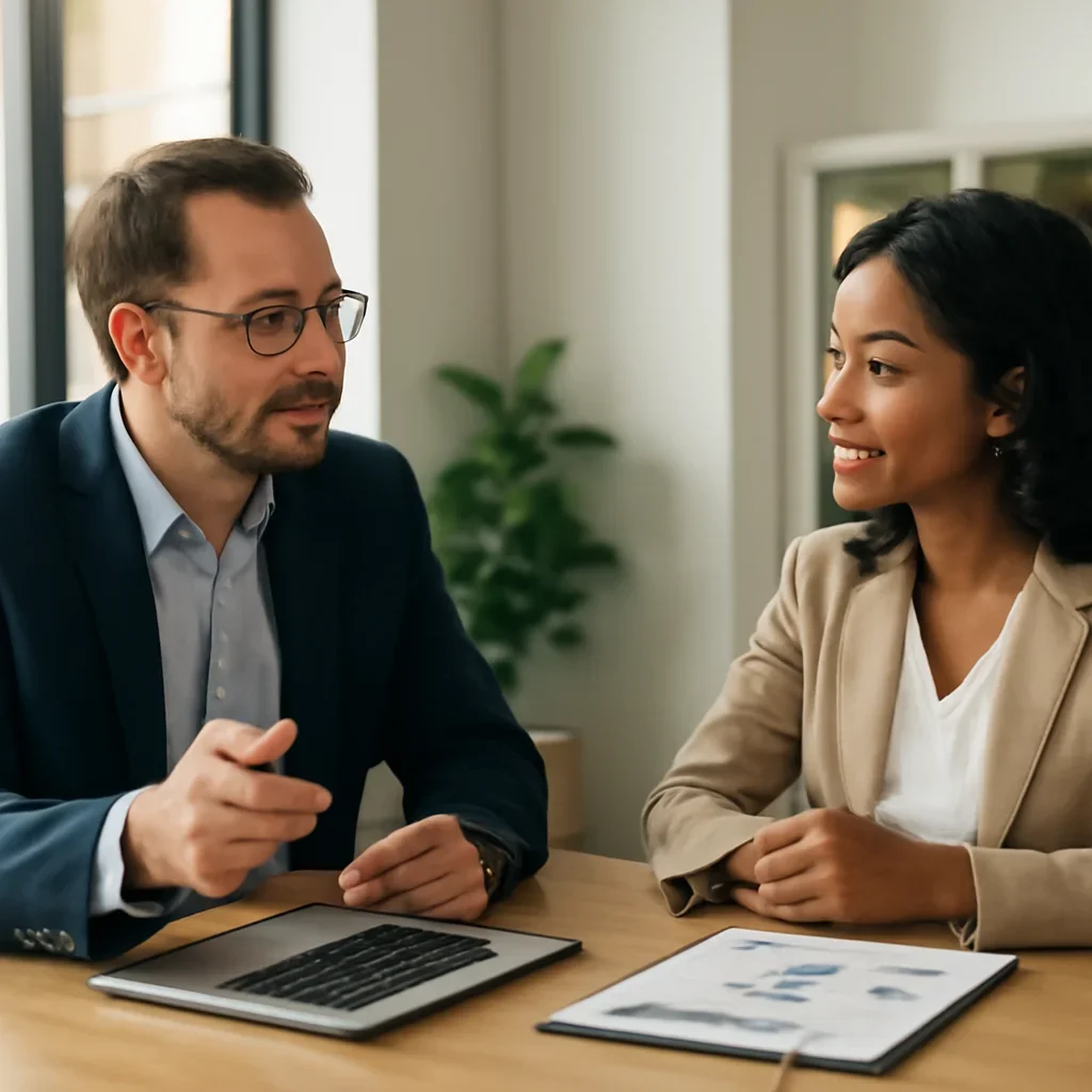 Business owner reviewing next SEO steps with a strategist for analytics & reporting
