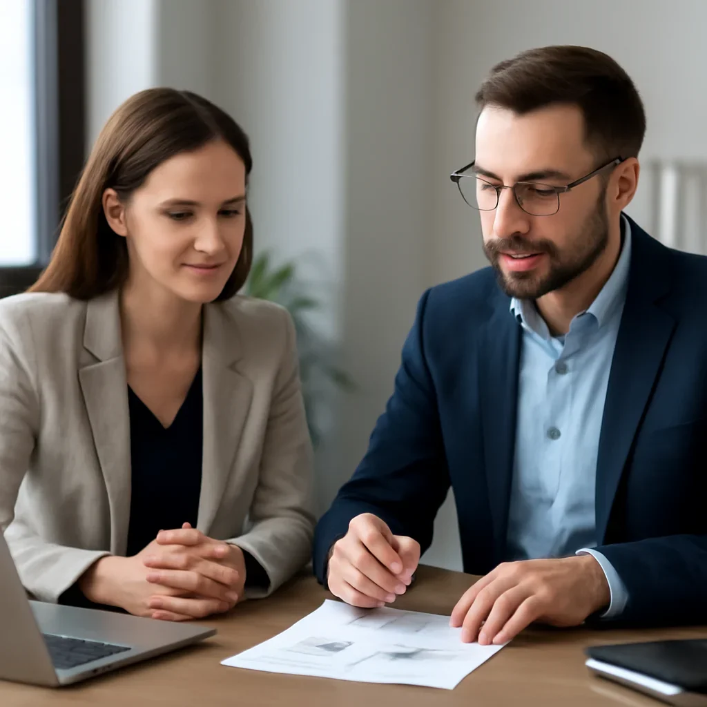 Business owner reviewing next SEO steps with a strategist for b2b seo services