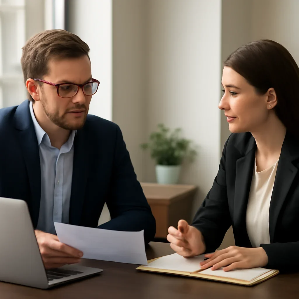 Business owner reviewing next SEO steps with a strategist for b2b seo strategy