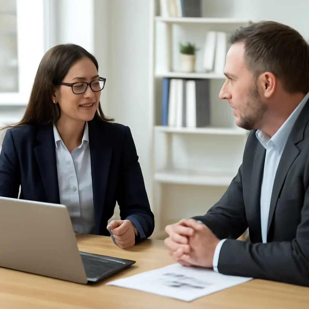 Business owner reviewing next SEO steps with a strategist for brampton seo services