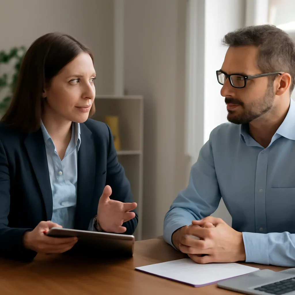 Business owner reviewing next SEO steps with a strategist for case studies