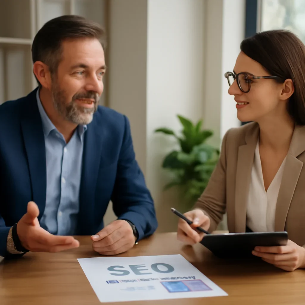 Business owner reviewing next SEO steps with a strategist for content optimization