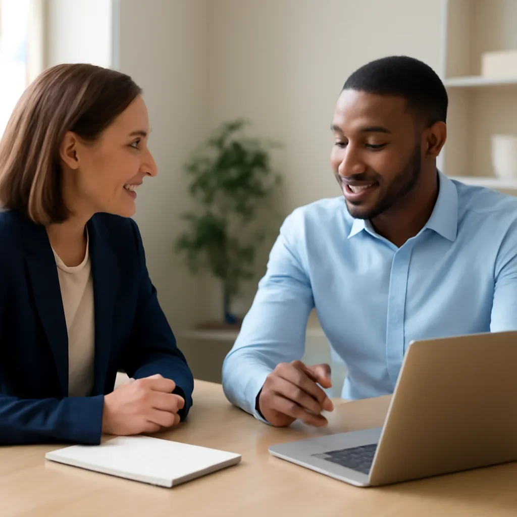 Business owner reviewing next SEO steps with a strategist for content optimization guide