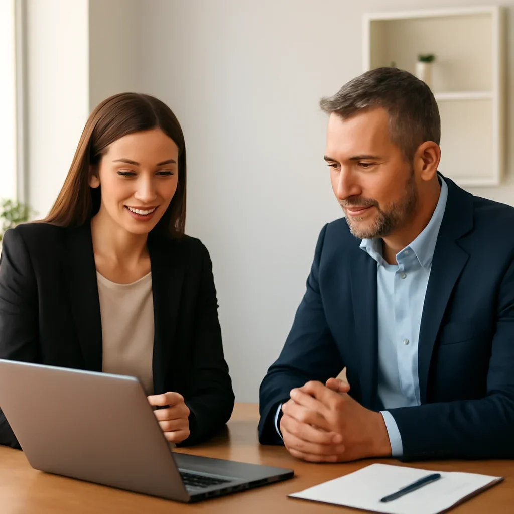 Business owner reviewing next SEO steps with a strategist for dental seo