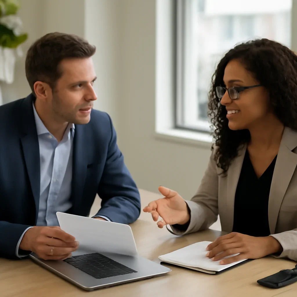 Business owner reviewing next SEO steps with a strategist for ecommerce seo guide