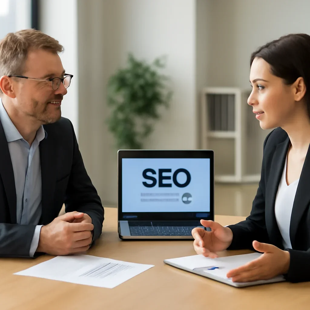 Business owner reviewing next SEO steps with a strategist for edmonton seo services