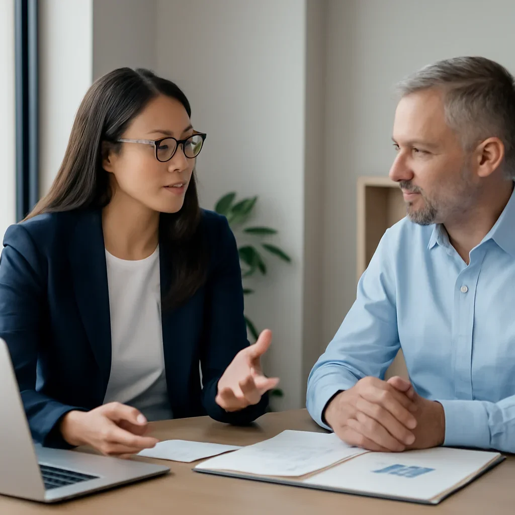 Business owner reviewing next SEO steps with a strategist for enterprise seo services
