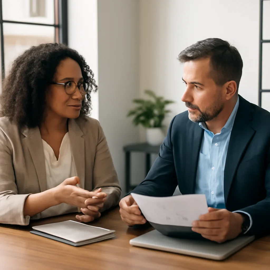 Business owner reviewing next SEO steps with a strategist for features