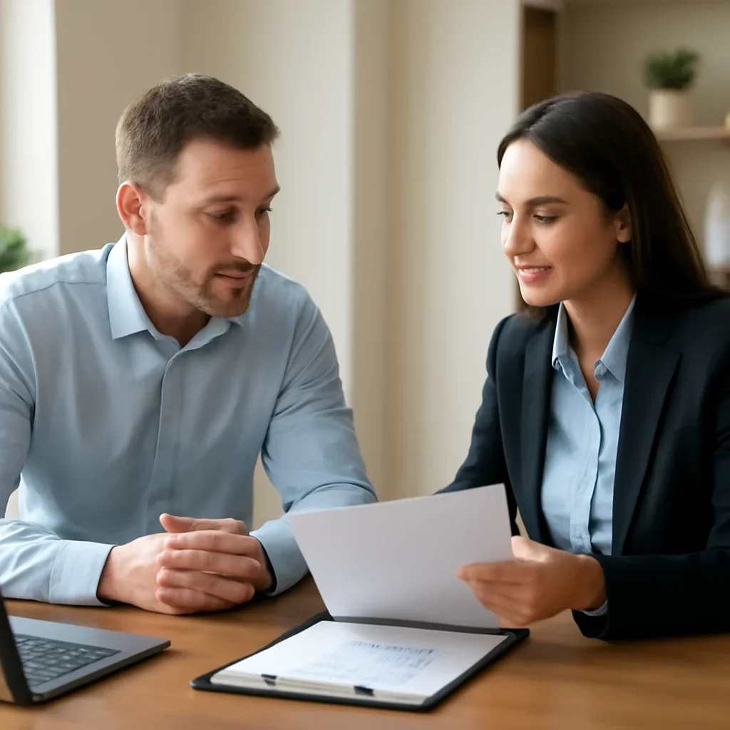 Business owner reviewing next SEO steps with a strategist for free seo audit
