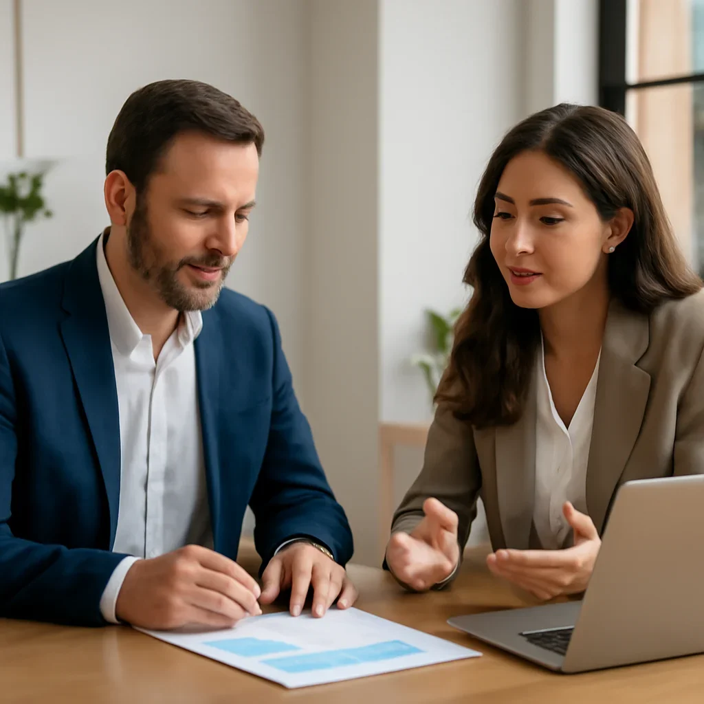 Business owner reviewing next SEO steps with a strategist for generative engine optimization