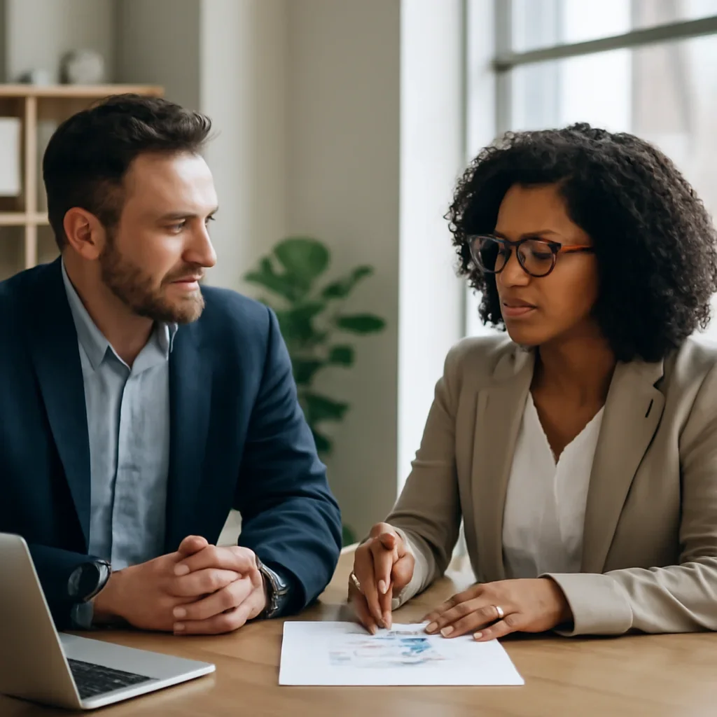 Business owner reviewing next SEO steps with a strategist for healthcare seo