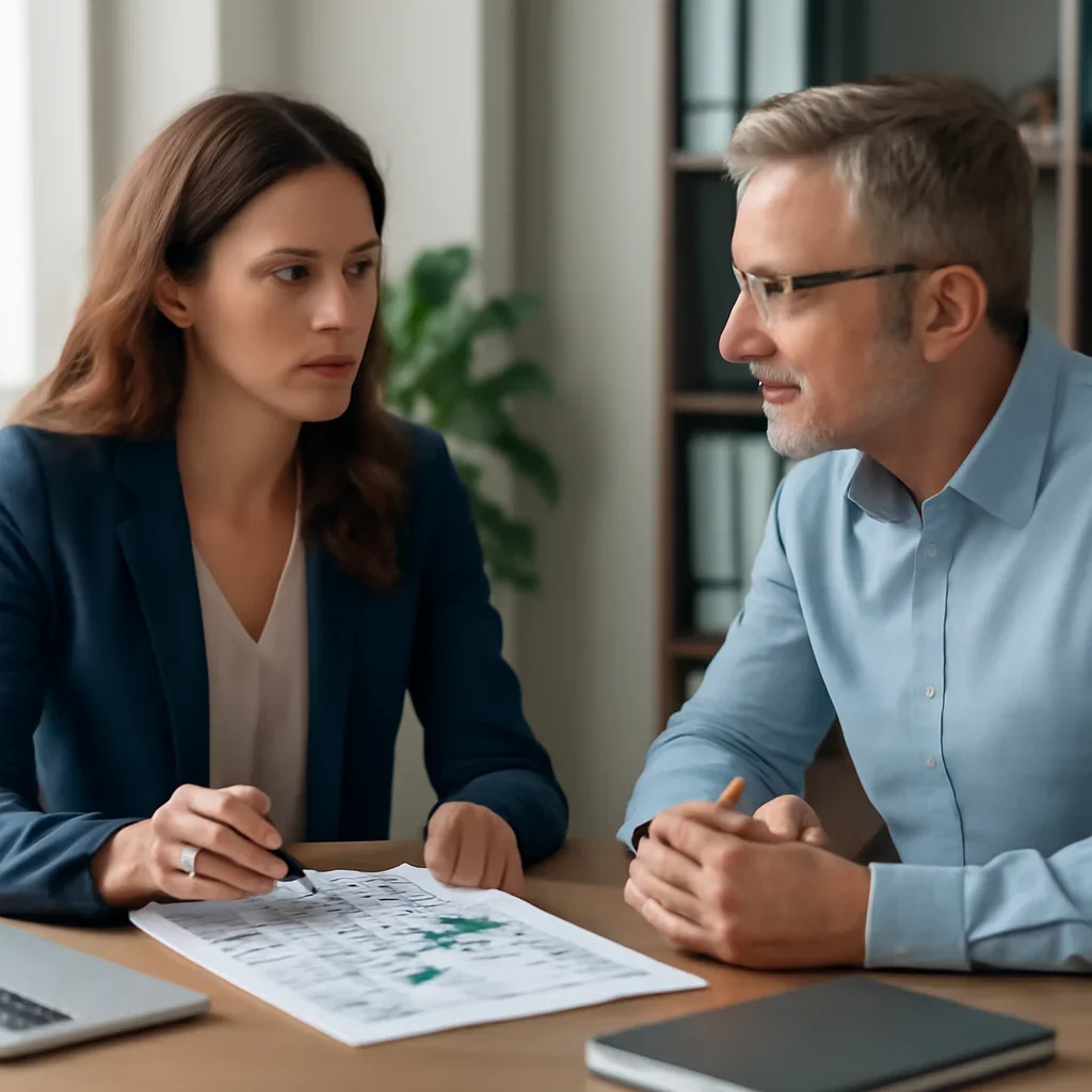 Business owner reviewing next SEO steps with a strategist for keyword research for seo