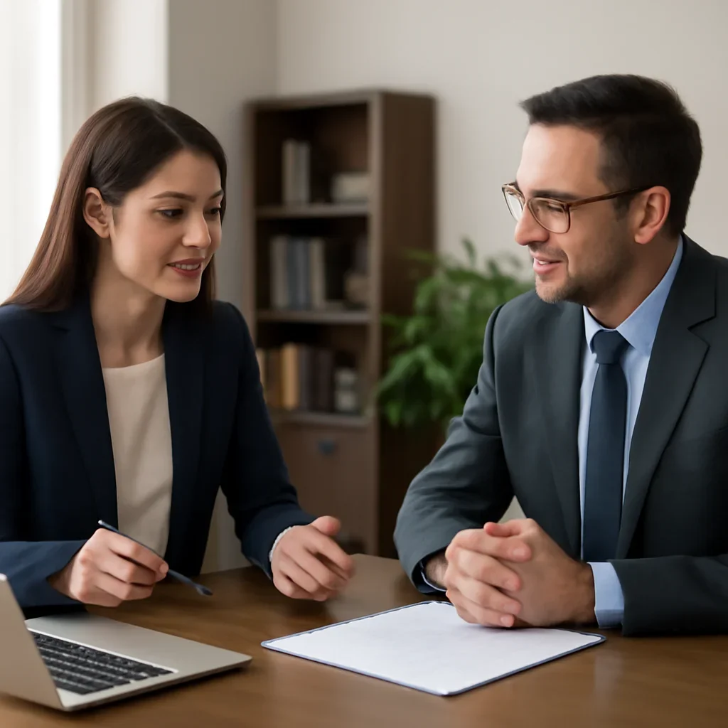 Business owner reviewing next SEO steps with a strategist for legal seo