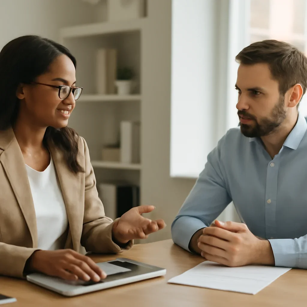 Business owner reviewing next SEO steps with a strategist for local seo for small business
