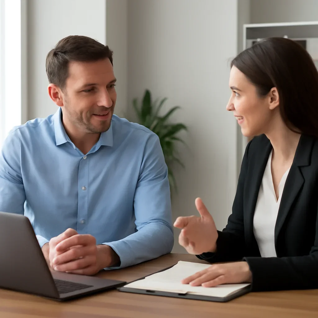 Business owner reviewing next SEO steps with a strategist for plumbing seo
