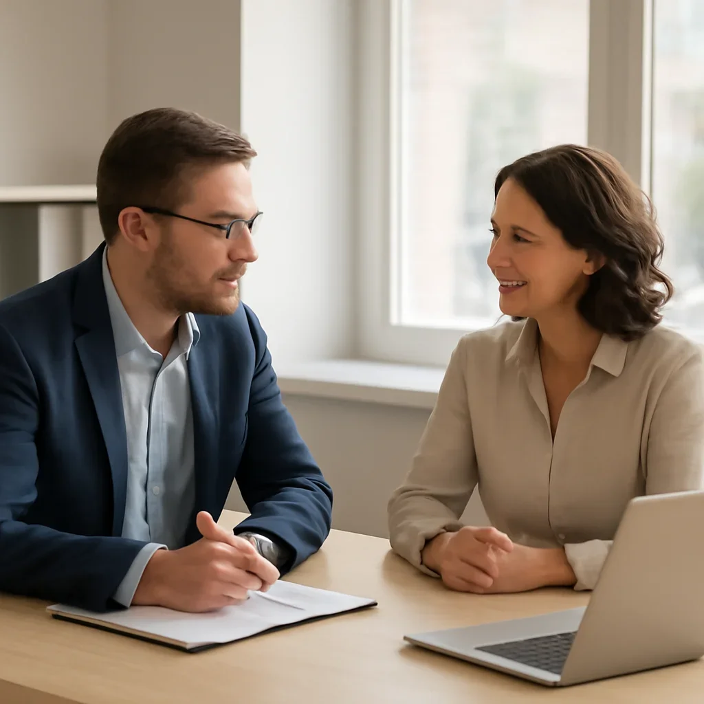Business owner reviewing next SEO steps with a strategist for quebec seo services