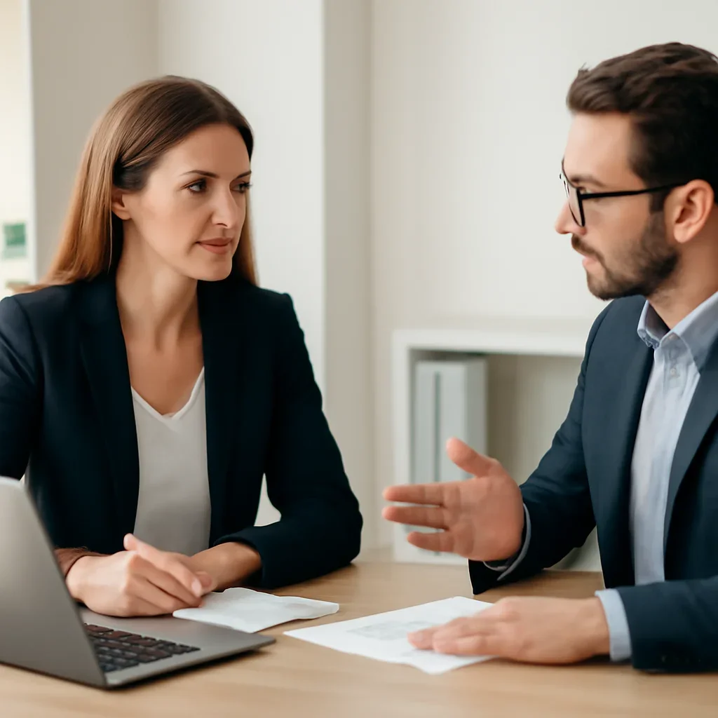 Business owner reviewing next SEO steps with a strategist for real estate seo