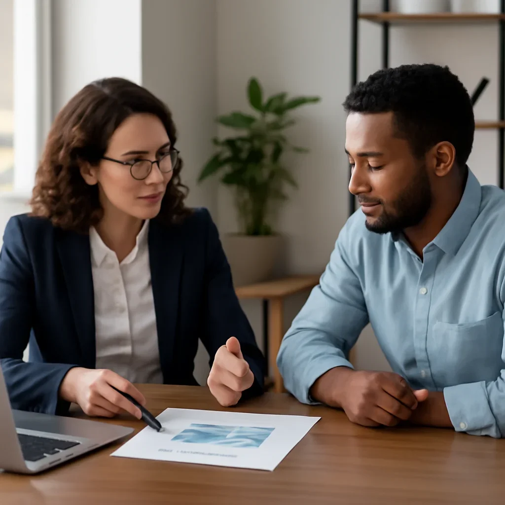 Business owner reviewing next SEO steps with a strategist for regina seo services