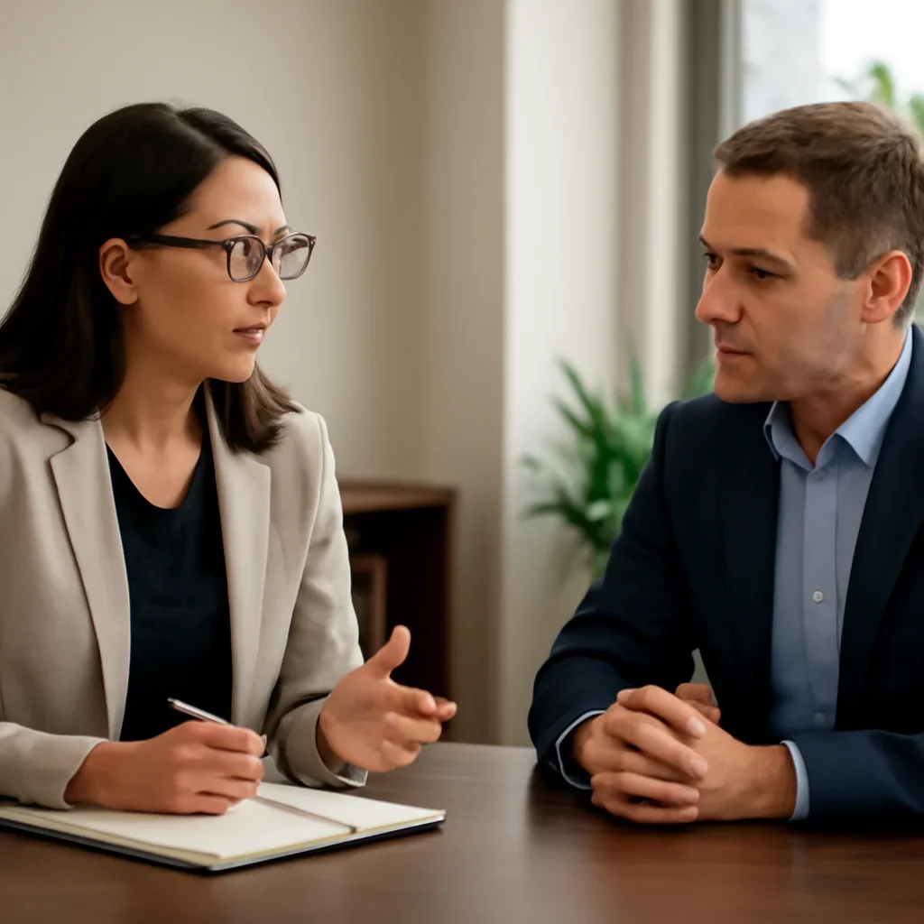 Business owner reviewing next SEO steps with a strategist for saas seo services