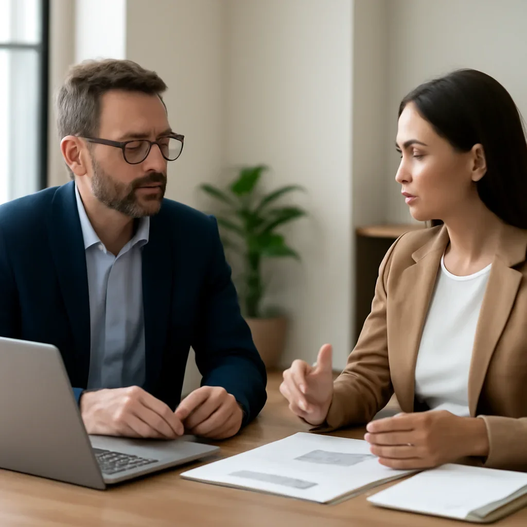 Business owner reviewing next SEO steps with a strategist for saas seo strategy