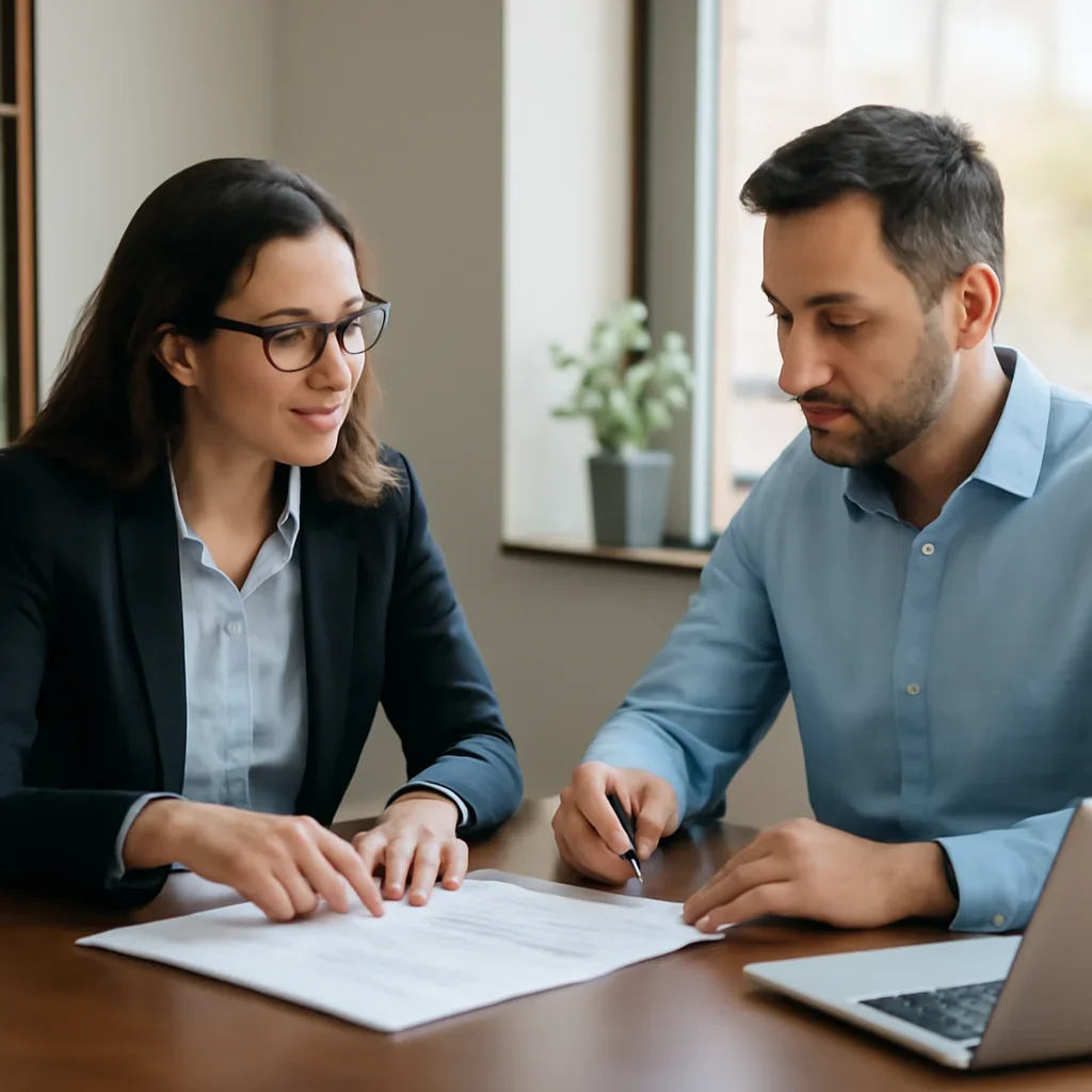 Business owner reviewing next SEO steps with a strategist for saskatoon seo services