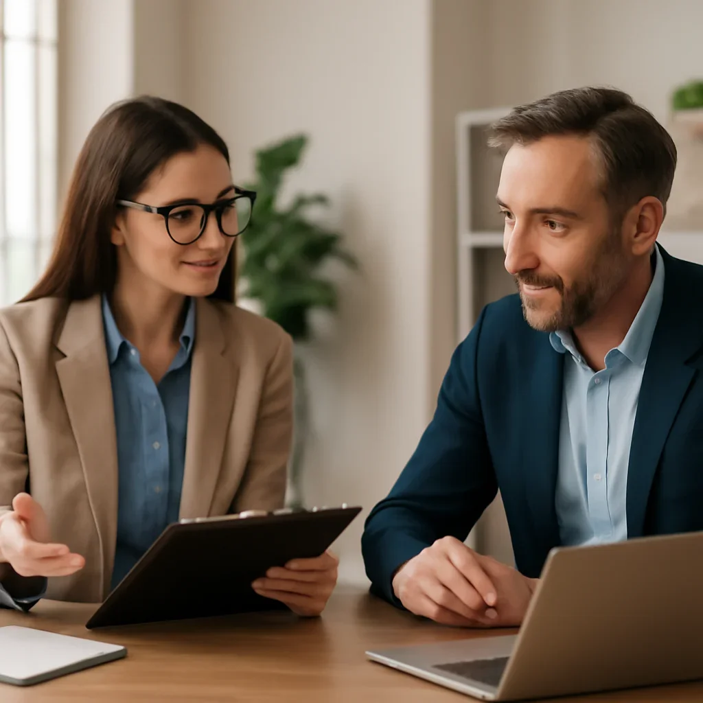 Business owner reviewing next SEO steps with a strategist for seo audit
