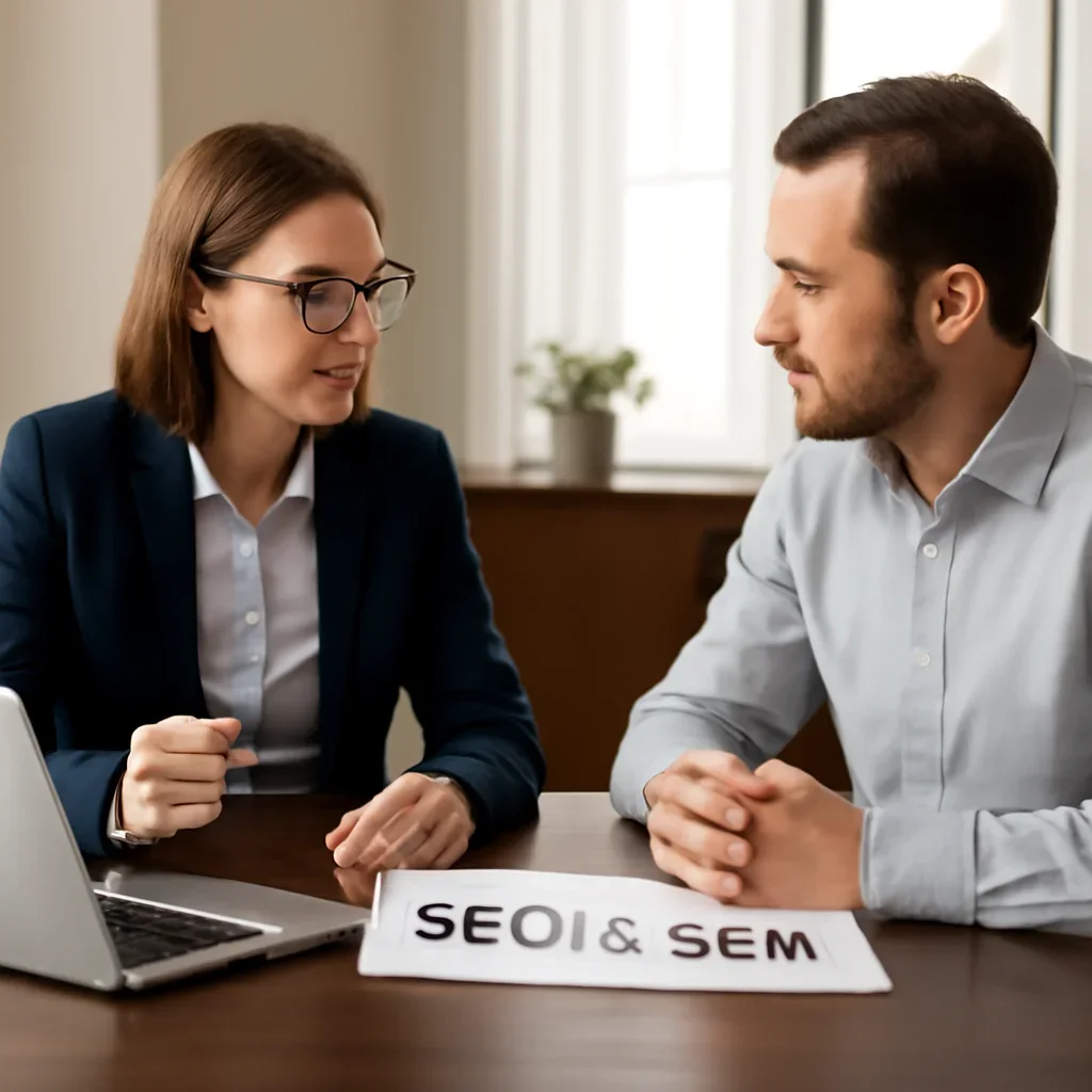 Business owner reviewing next SEO steps with a strategist for seo vs sem