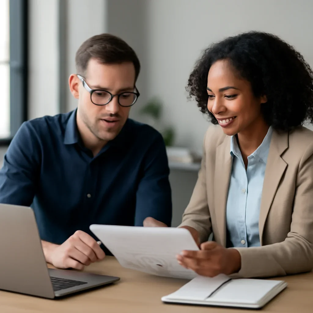 Business owner reviewing next SEO steps with a strategist for shopify seo guide