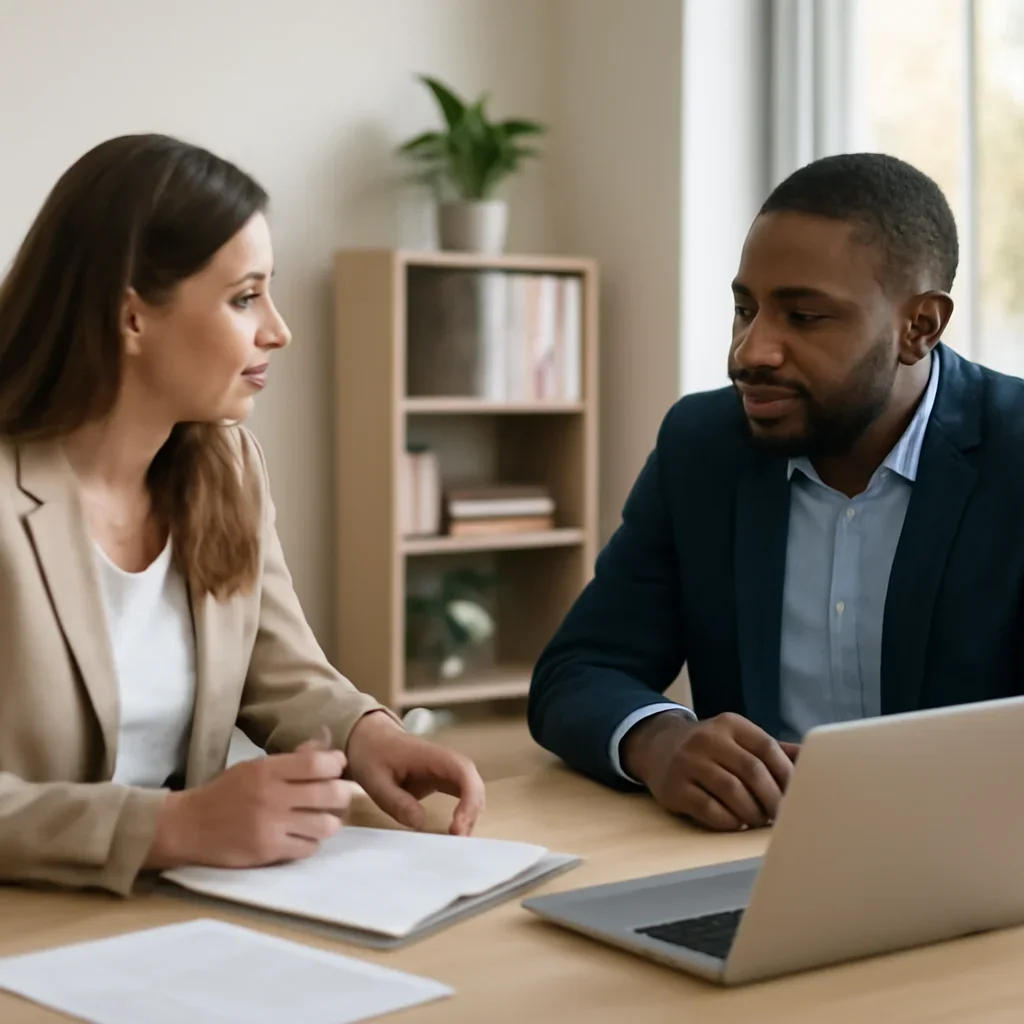 Business owner reviewing next SEO steps with a strategist for small business seo