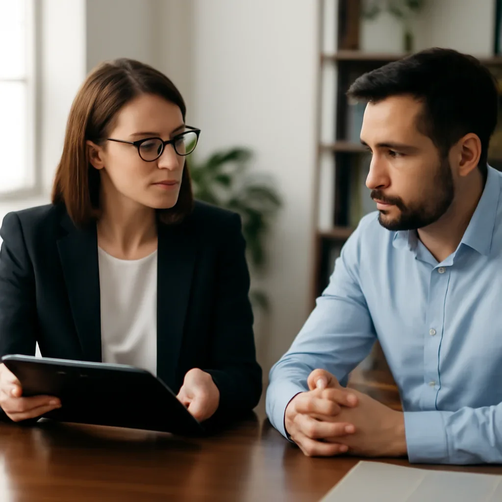 Business owner reviewing next SEO steps with a strategist for solutions