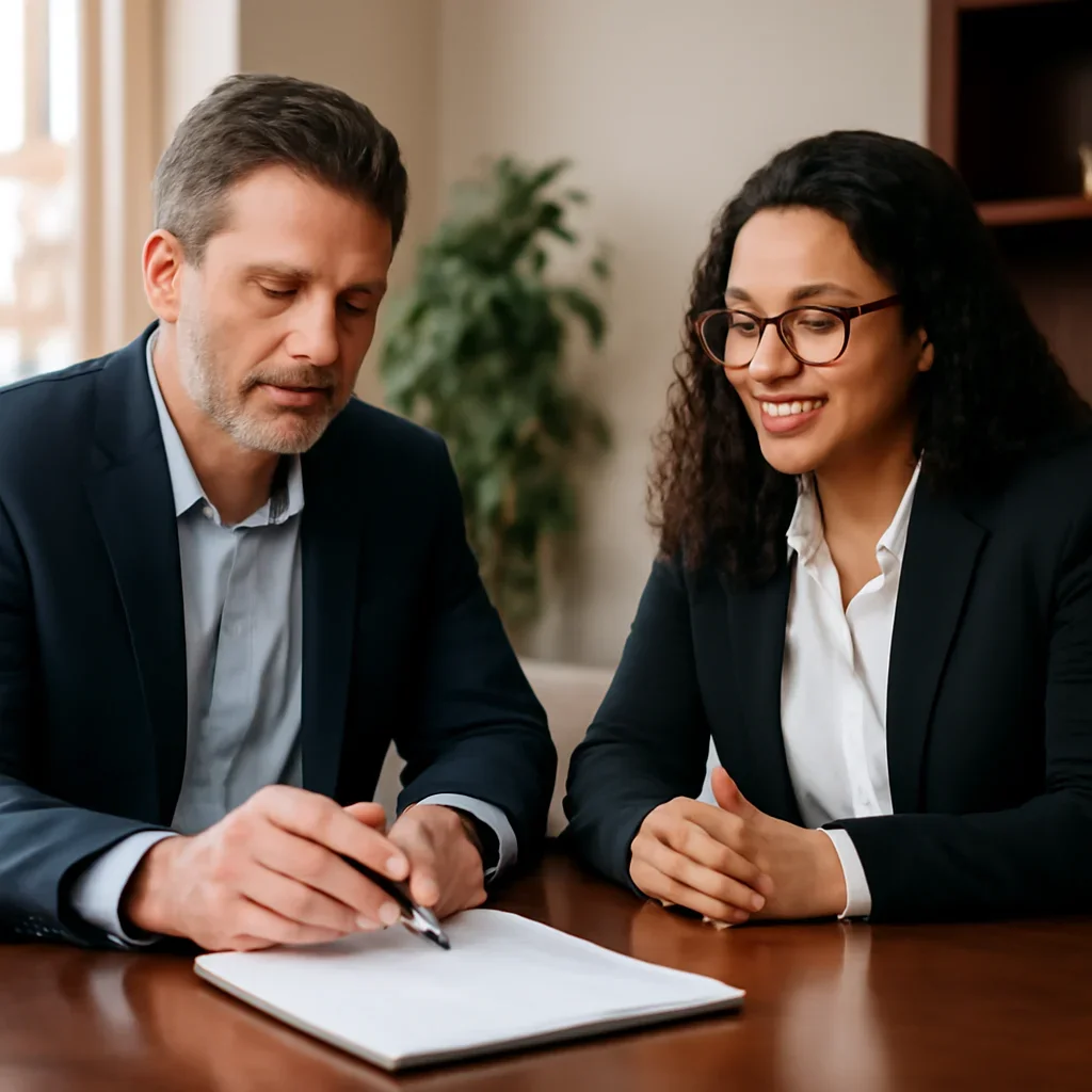 Business owner reviewing next SEO steps with a strategist for toronto seo services