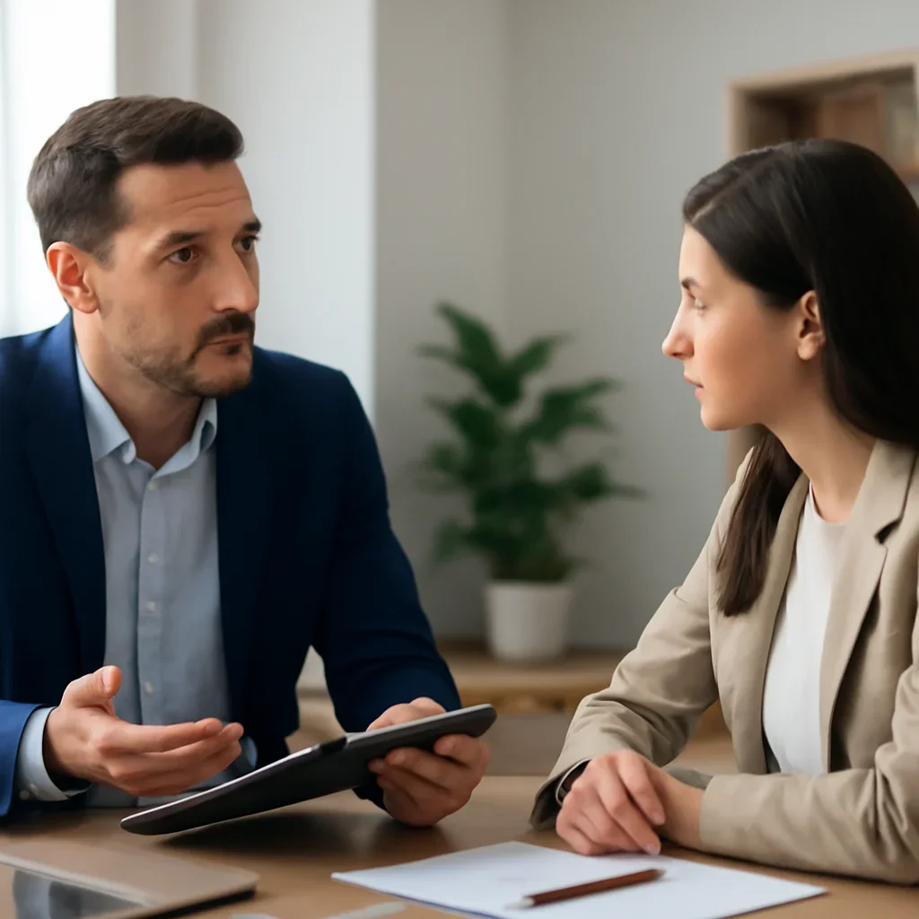Business owner reviewing next SEO steps with a strategist for vaughan seo services