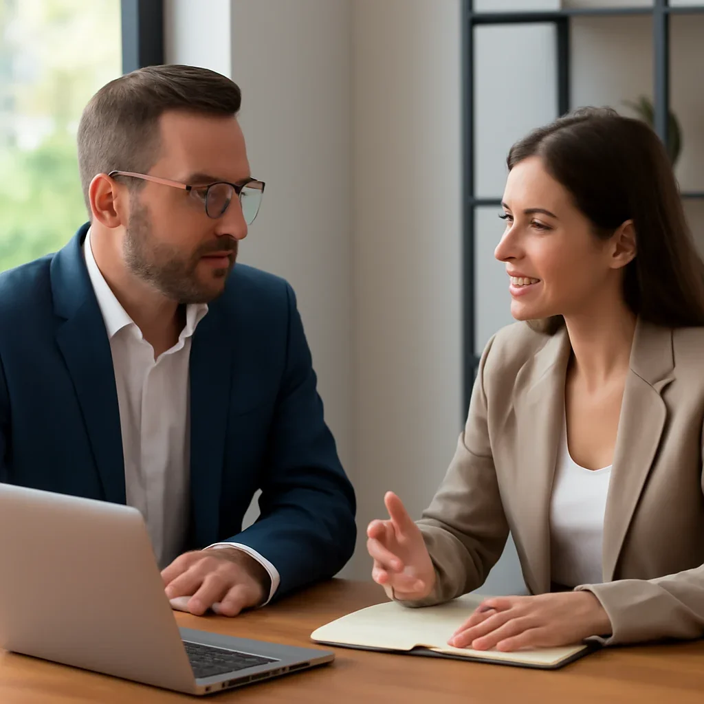 Business owner reviewing next SEO steps with a strategist for victoria seo services