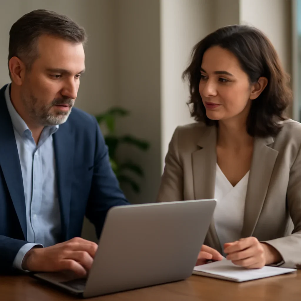 Business owner reviewing next SEO steps with a strategist for webflow seo